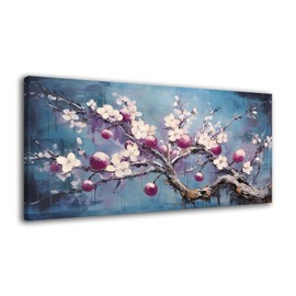 Flower Canvas Wall Art Plum Blossom Pink Bathroom Decor Wall Art Floral Picture for Living Room Wall Decorations Blue Grey Background Painting Modern Flower Canvas Print for Bedroom Home Office Décor