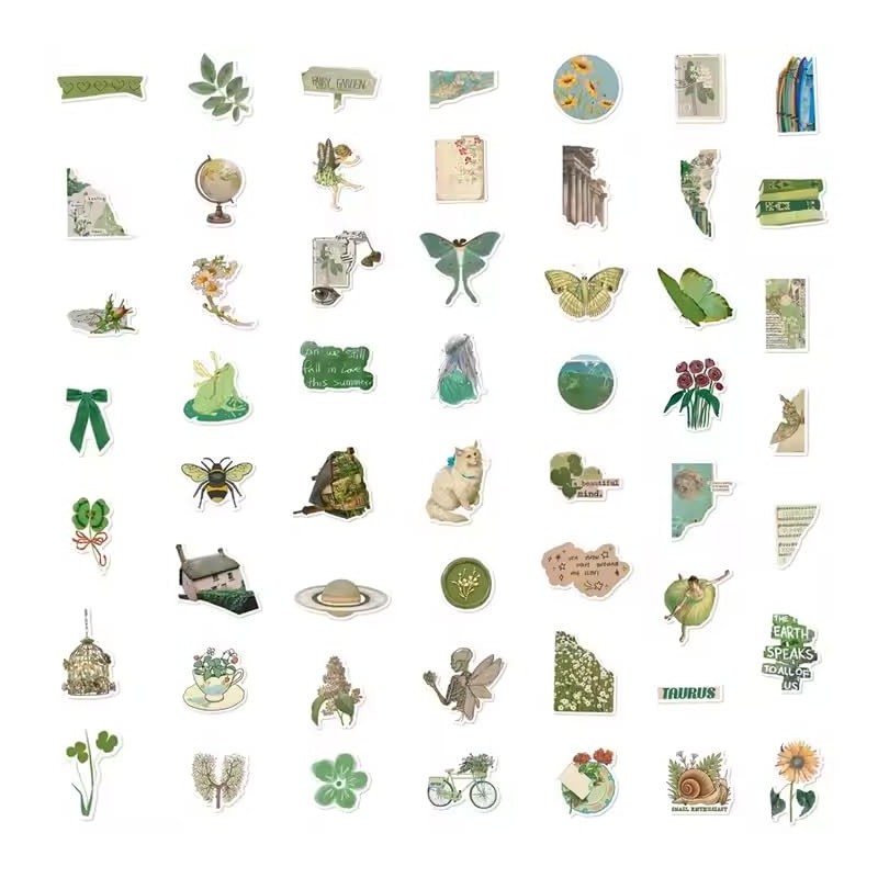 50pcs Aesthetic Green Stickers, Waterproof Die-Cut VSCO Sticker Bundle for