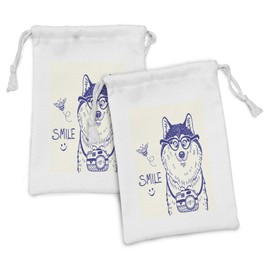 Ambesonne Alaskan Malamute Fabric Pouch Set of 2, Cartoon Style Smart Puppy with Glasses Photo Camera and Bee Smile Doodle, Small Drawstring Bag for Toiletries Masks and Favors, 9" x 6", Blue White