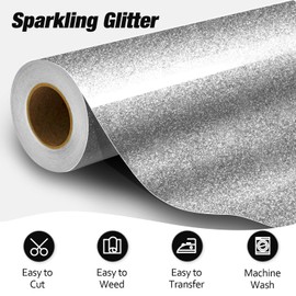 VinylRus Silver Glitter HTV Heat Transfer Vinyl Roll - 12 x 10ft for T-Shirt, Clothing, Bags - Iron on Vinyl for All Cutter Machines - Easy to Cut and Weed