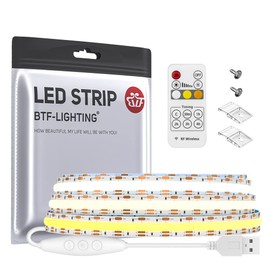 BTF-LIGHTING FCOB COB CCT USB LED Strip Kit 1 m 640 LEDs/m White PCB DC5V IP30 Non-Waterproof LED Strip with RF Remote Control and 2 x Mounting Clips and Screws for DIY Home Decoration