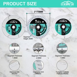 Diamond Cutting Discs Set - 3 Pieces 75 x 10 mm Carbide Wood / Concrete / Metal Cutting Blade for Cutting Wood, Granite, Marble, Concrete, Reinforcing Iron, Steel Plates LEKOMESH