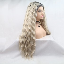 Xiweiya Long Platinum Blonde Curly Wig with Black Root Synthetic Lace Front Wigs Side Part Wig Long Soft Wavy Wig Hair Replacement Wig for Women, Drag Queen Makeup 24 inch