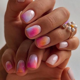 Ombre Pink Purple Press on Nails Short Square Fake Nails with Designs Gradient Orange False Nails Glossy White Stick on Nails Reusable Rainbow Summer Glue on Nails for Women Girls Manicure 24Pcs