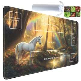 Yuxcfhjfe for TCG Playmat with Zones, Non-Slip Rubber Bottom Trading Card Game Mat with Storage Bag and 6 Dice, 24 x 14 inches for MTG Game Mat, Fantasy Unicorns