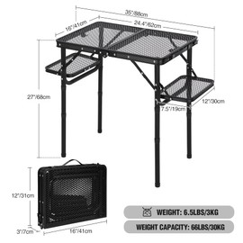 REDCAMP 35x16 Folding Grill Table for Outside with 2 Side Tables, 4 Adjustable Heights Portable Small Stand Table for Outdoor Indoor Camping Picnic BBQ