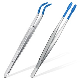 2 Piece Tweezers with Rubber Tips Set - Bent and Straight Flat Tips Tweezers PVC Coated for Stamp Coins Jewelry Crafts, Electronics(Silver, Blue)