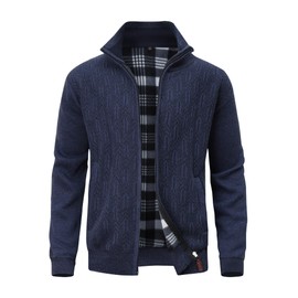 MeiLayM Men's Fleece Jacket Cardigan with Zip Cardigan Stand-Up Collar Autumn Winter Cardigan Casual Jacket Fine Knit Warm Sweat Jacket, blue