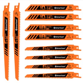 AMARTISAN 10-Piece Bi-Metal Reciprocating Saw Blade Set 6 to 8 Inch Used for Wood & Metal Cutting, Drywall, Plastic and Composite Materials