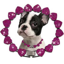 Purple Dog Chain Collar Heart Necklace Diamond Cuban Link Dog Collar Cat Necklaces Metal Cat Chains Pet Crystal Collars Jewelry Accessories for Dogs Cats(18inch)