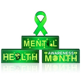 Lineshading 4 Pcs Mental Health Awareness Centerpieces Mental Health Awareness Month Wooden Centerpieces Decorations Green Ribbon Faith Courage Hope Festival Tabletop Ornaments for Office Home Tabletop Gift Decor