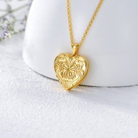 SOULMEET 18k Gold Plated Silver Butterfly Heart Shaped Locket Necklace That Holds 2 Picture,I Love You Forever, 20" (Locket only)
