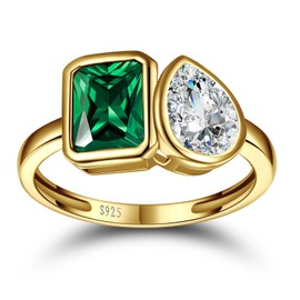 Yaresul Toi Et Moi Ring 14k Gold Plated Emerald Engagement Ring For Women 6x8mm Double Stone Emerald Shape & Pear Cut Cubic Zirconia Wedding Ring Width Band 1.9mm - Size 9