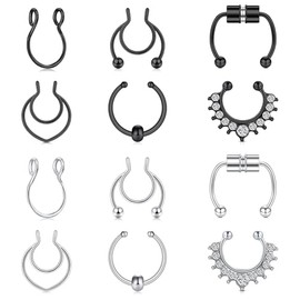 Briana Williams Fake Septum Piercing Ring Faux Septum Fake Nose Ring Clip On Face Piercings Jewelry Black Silver