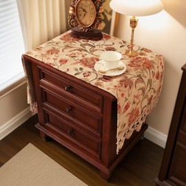 KEEMIR Nightstand Cover with Lace Trim Floral Pattern :Slip-Resistant Dustproof Table Cover for Bedroom & Living Room Furniture, Coffee Table, Side Table(Mgltm Beige Floral,43.3" L x 15.7" W)