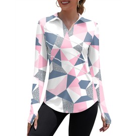 Loovoo Women Long Sleeve V Neck Athletic Tops Running Workout Pullover Polo Shirts with Thumb Hole(Pink Blue Geometry,L)