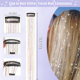 Hair Tinsel 12 Pcs Clip in Hair Tinsel Kit for Girls 20.5 Inch Glitter Shiny Sparkly Fairy Tinsel Hair Extensions Heat Resistant Party Festival Accessories for Women Kids (Black)