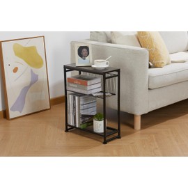 Small Side Table for Small Spaces - Slim End Table with Magazine Holder - 2 in 1 Design Narrow End Table Living Room - Skinny Bedside Table Nightstand Bedroom Thin Side Table (Grey)