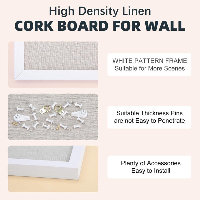 OWLKELA 20'' x 30'' Linen Bulletin Board, White Framed Corkboard,