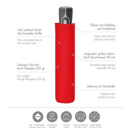 doppler Fibre Magic Uni Pocket Umbrella - Very Light Thanks to Fibreglass - Automatic Open/Close, red