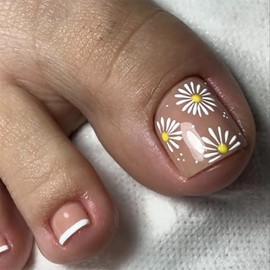 24Pcs Spring Summer Flower Press on Toenails French Tip Fake Toenails White Daisy Toe nail Tips Glossy Deigns Full Cover Gel Glue on Nails Pink Toe Nails False Toenails for Women Nail Decorations