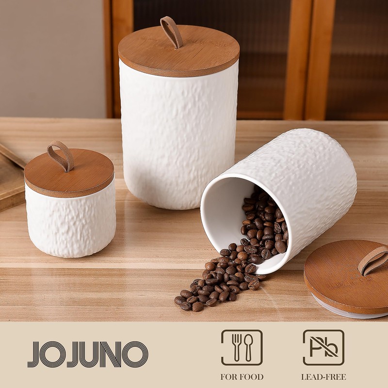 JOJUNO White Ceramic Canister Set with Wooden Lid, 3-Piece Airtight