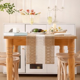 Jute Table Runner Brown Macrame 30 x 140 cm Natural Jute Runner Country House Style Vintage Rectangular Crochet Lace Mesh Table Runner Modern Table Decoration for Wedding Kitchen Dining Table