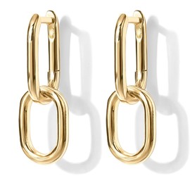 Paperclip Link Huggie Hoop Earrings 14K Gold Plated Trendy Convertible Chain Link Huggie Drop Dangle Earrings Cubic Zirconia Statement Jewelry,Plain