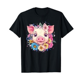 Cute Pig Surrounded By Colorful Flowers T-Shirt