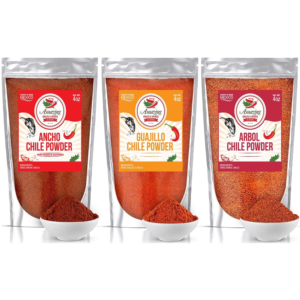 Chile Powder Variety Pack (12 oz Total) - Ancho, Guajillo and Arbol – Made From Pure Ground Dried Chiles. Staple in Mexican Recipes - Moles, Salsa, Sauces, Stews, Tamales. By Amazing Chiles & Spices.