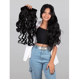 Stasia Street 24-Inch Step Curl Clip-In Korean Synthetic Breatheable Hair Extensions for Women Natural Look Instant Volume & Length – Jet Black