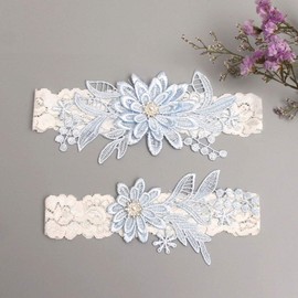 Wedding Garters for Bride Bridal Lace Garter Set with Rhainestone Pearls (Sky Blue, M)