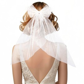 Aunthvra Wedding Hair Bow Veil White Bridal Pearl Veil Hair Clip Bachelorette Hair Accessories for Women Bride to Be Bridal Shower Party Supplies