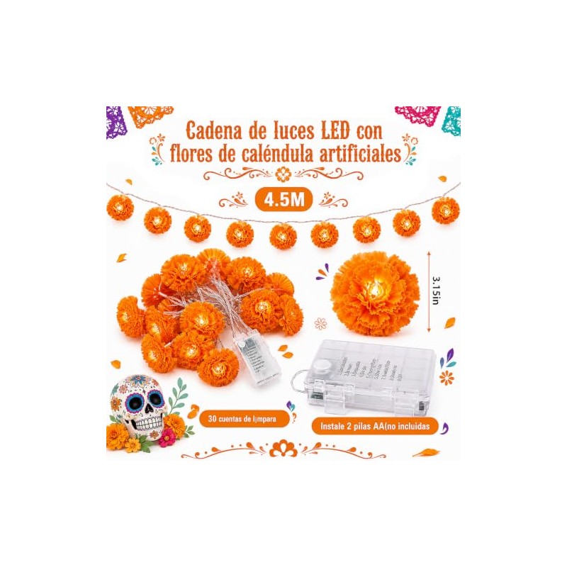 Guirnalda LED de Flores de Cempasúchil 4.5m 30 Luces, 8