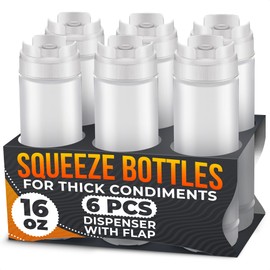 Set of 6 Condiment Squeeze Bottles for Sauces 16 oz – Easy-to-Fill Clear Bottles with Self-Closing Valve - Ready for Dressings, Ketchup, Mustard, Honey Jars - Dispensing Bottles for Christmas Cooking