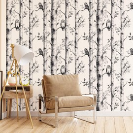 LaiTique Birch Tree Peel and Stick Wallpaper, Owl Wallpaper, Self Adhesive Vinyl Black and White Wall Paper for DIY Home Decor, 17.7in x 236in