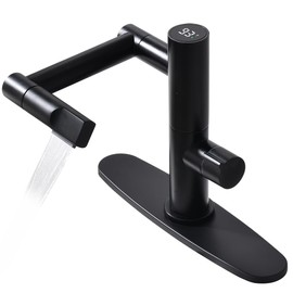BZOOSIU Rotatable Bathroom Faucet with LED Digital Temperature Display, Single Handle 360° Rotating Arm Kitchen Faucet, 1 Hole or 3 Hole Lavatory Basin Sink Vanity Faucet, Matte Black