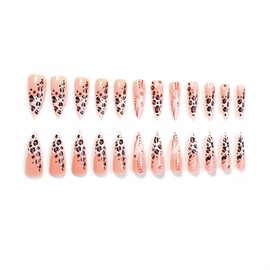 SINHOT Stiletto Press on Nails Long Fake Nails Glossy Glue on Nails Leopard Print Acrylic Nails White Flower Stick on False Nails with Design 24pcs