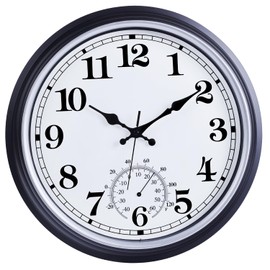 16 Inch Large Outdoor Clock, Retro Waterproof Indoor/Outdoor Clock Non-Ticking Clock with Thermometer, Battery Operated Wall Clock for Patio, Garden, Pool - Black