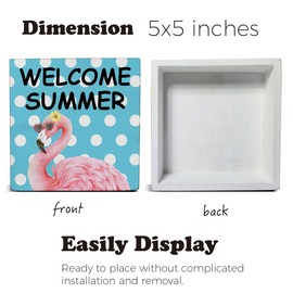 Summer Decor, Flamingo Summer Polka Dots Wooden Box Sign Rustic Farmhouse Wood Block Plaque Box Sign for Home Tiered Tray Office Desk Decor(5 x 5 Inches)