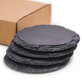 TOSSOW Coasters, Natural Stone, Slate, Handmade Coasters, Heat Resistant, Insulated, Quick Drying, Set of 4, Anti-Slip, Fashionable Tea Cups, Ins, Natural Coasters, Black, Round
