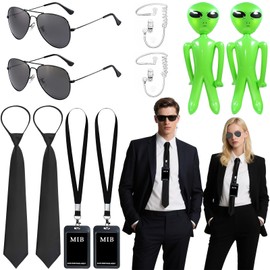Pack of 10 Secret Service Costume Accessory Set, Agent Costume Accessories Kit with Sunglasses, Headphones, Ties, MIB Pendant, Alien, Inflatable with Lanyard for Men, Women, MIB Cosplay Theme Party
