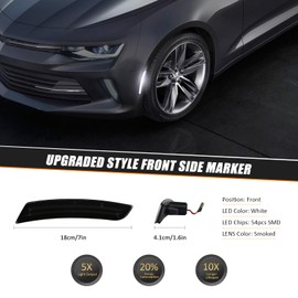 D-Lumina Front/Rear Side Marker Lights Smoked Lens Compatible with Chevy Camaro 2016 2017 2018 2019 2020 2021 2022 2023, 6th Gen Camaro Front/Rear Bumper LED Sidemarker White, Pack of 2