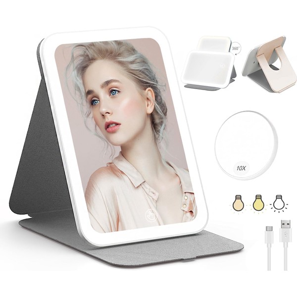 LED Portable Travel Makeup Mirror Touch Screen 3 Color Modes Dimmable USB Rechargerbale Cosmetic Mirror 10X Magnifying, 360° Rotation Mobile Vanity Table Makeup Mirror with Light