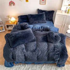 chovy Faux Fur Plush Navy Blue Comforter Sets King - Ultra Soft Shaggy Flannel Velvet Fluffy Fuzzy 3PC Bedding Set （Comforter x 1 Pillowcases x 2）