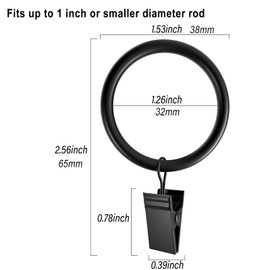 Lansian 20Pack Curtain Rings with Clips, Drapery Clips for Curtain, Drapery Rings with Clips for Hanging Drapery Drapes Bows, 1.26 inch Interior Diameter, Fits up to 1.1 in Curtain Rod, Vintage Black