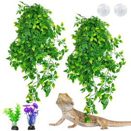 Hamiledyi Reptile Plants, 2 Pack Hanging Terrarium Plants Vines, Fake Amphibian Plants, Artificial Leaves Habitat Decorations with Suction Cup for Bearded Dragon Lizard Geckos Chameleon