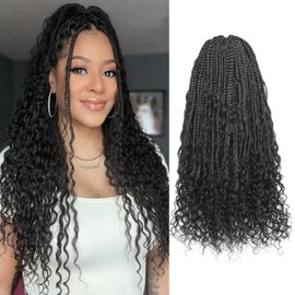 Toyotress Boho Box Braids With Human Hair Curls - 20 Inch 8 Packs (96 Strands) Handmade Pre-Looped Crochet Human Hair Boho Box Braids, Natural Black CrochetBraids Braiding Hair (20 Inch, 8P-1B)