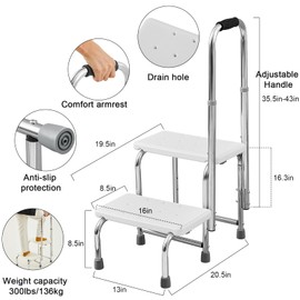 Kigley Adjustable Step Stool with Handle and Non Skid Platform 2 Steps Medical Foot Stool Multi Functional Step Ladder Heavy Duty Holds 300 Lbs Easy Installation Bed Stairs for Adults Elderly Handicap