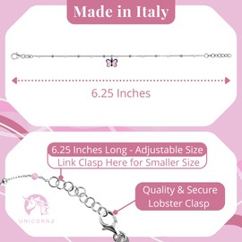 UNICORNJ Sterling Silver Kids Bracelet for Girls Butterfly Charm Pink Enamel Hand Painted | Made in Italy | Bead Chain 6.25"